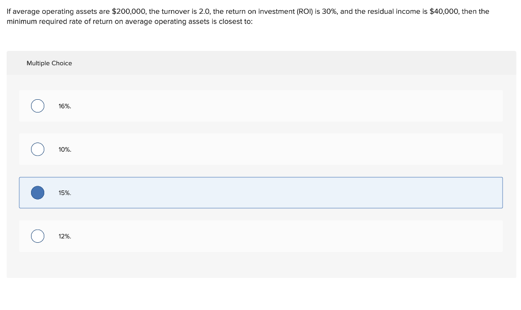 return on investment (ROI) is 30%, and the residual income is $40,000,