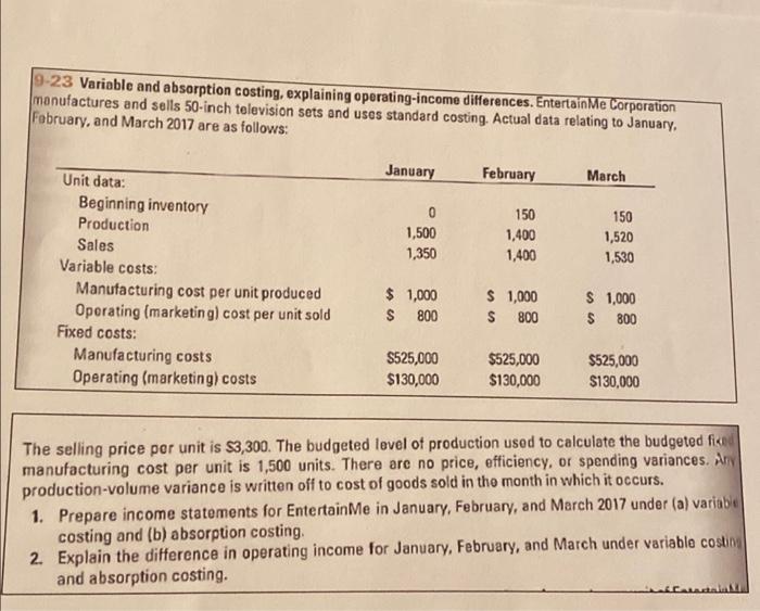  9-23 Variable and absorption costing, explaining operating-income differences. EntertainMe Corporation manufactures