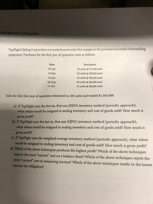  PROBLEM 2 (10 points) TopFlight Gliding Corporation is a newly formed