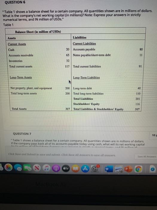  QUESTION 6 Table 1 shows a balance sheet for a certain