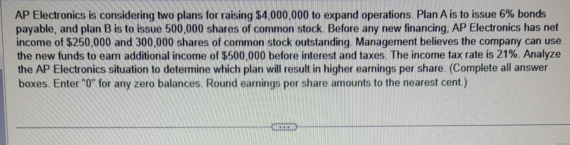  AP Electronics is considering two plans for raising $4,000,000 to expand