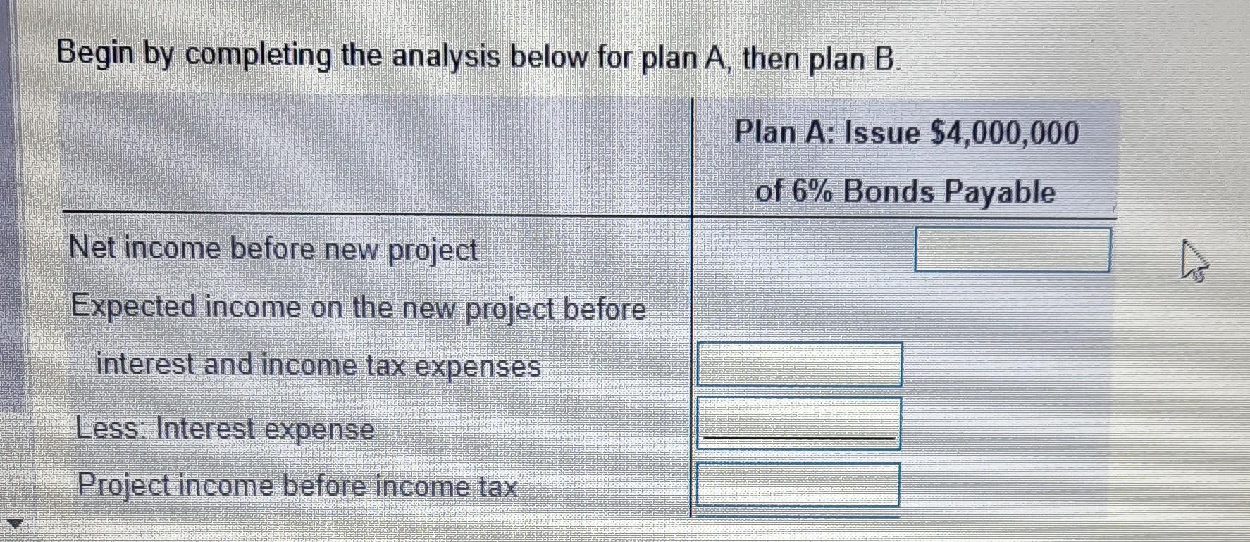 operations. Plan A is to issue 6% bonds payable, and plan B
