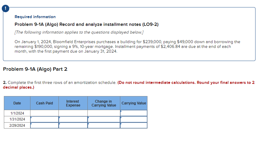 Required information Problem 9-1A (Algo) Record and analyze installment notes (LO9-2)