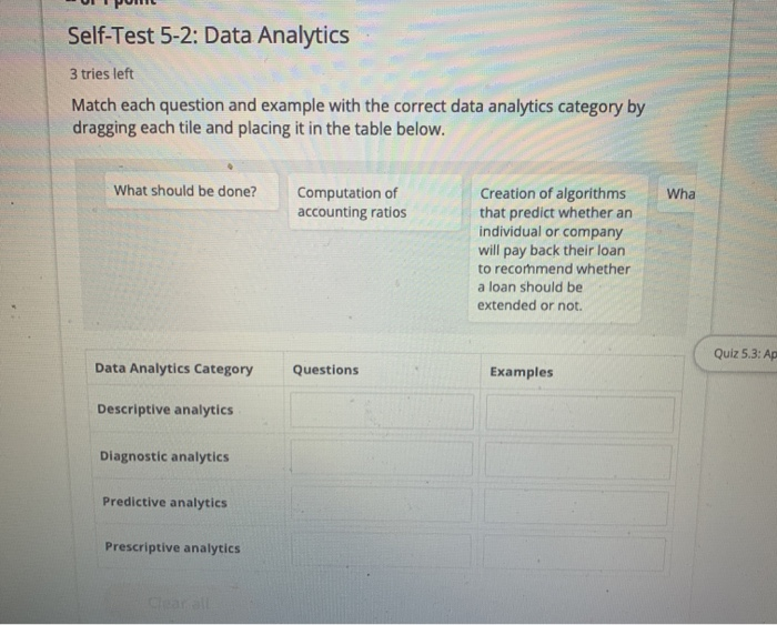  Self-Test 5-2: Data Analytics 3 tries left Match each question and