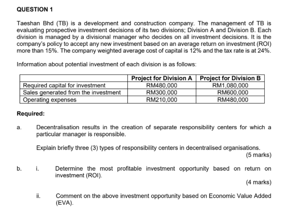 QUESTION 1 Taeshan Bhd (TB) is a development and construction company.