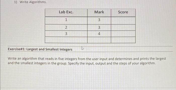  1) Write Algorithms. Exercise\#1: Largest and Smallest Integers Write an algorithm