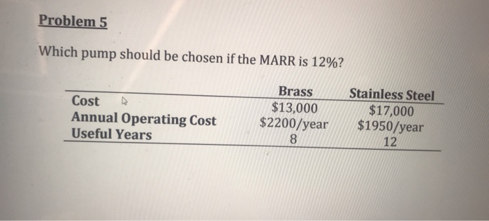  Problem 5 Which pump should be chosen if the MARR is