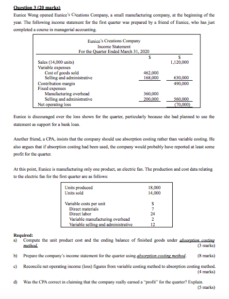  write the step please Question 3 (20 marks) Eunice Wong opened