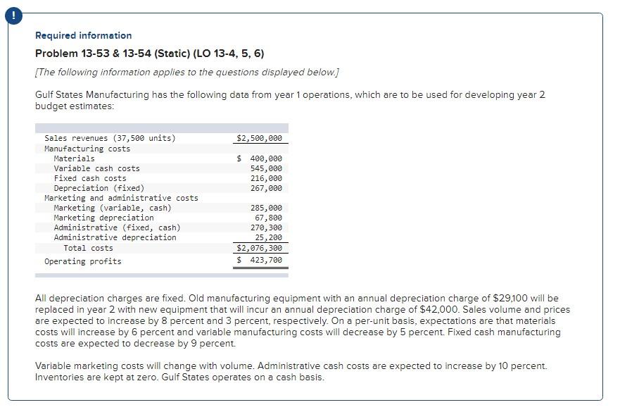  Required information Problem 13-53 \& 13-54 (Static) (LO 13-4, 5, 6)