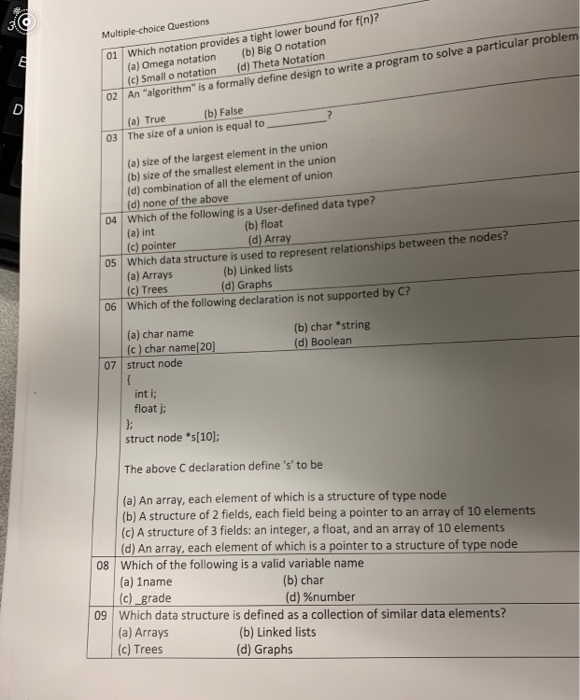  Multiple-choice Questions 01 Which notation provides a tight lower bound for