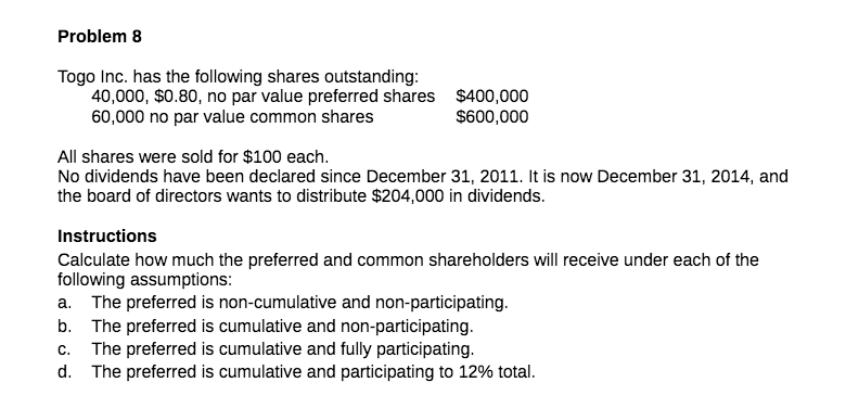 HELp me solve pls Problem 8 Togo Inc. has the following shares
