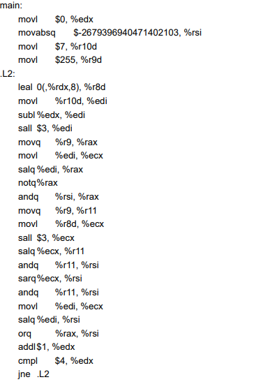 For the following assembly code compiled with gcc -O1 -S, given the