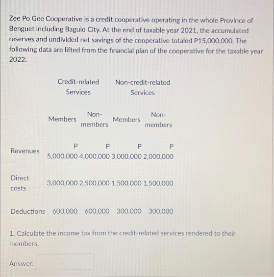 Kindly answer with complete solution. Needed ASAP. Zee Po Gee Cooperative