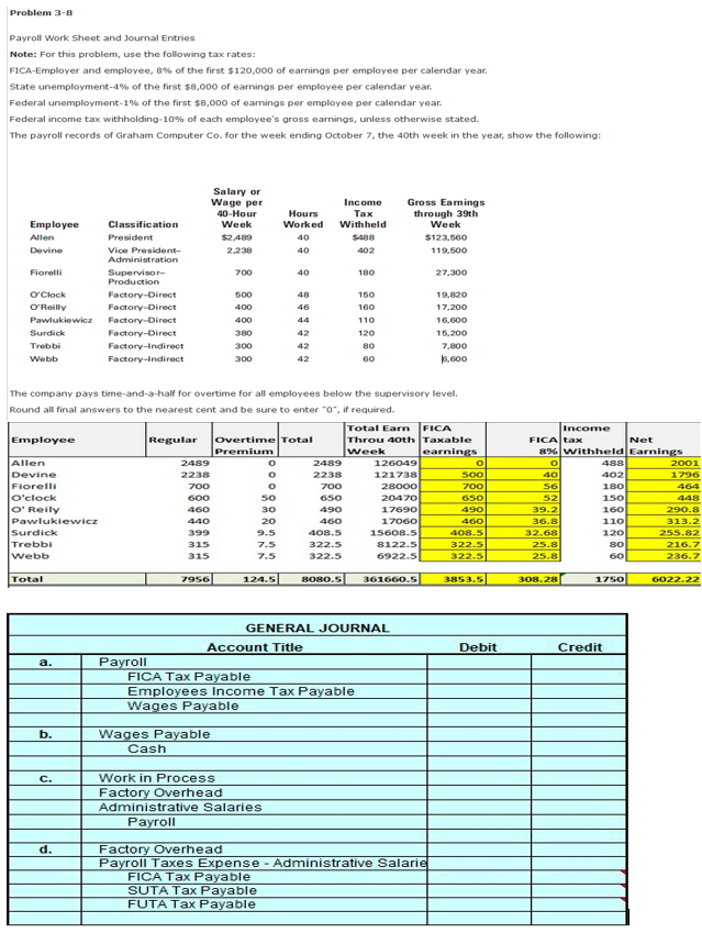  Problem 3-8 Payroll Work Sheet and Journal Entries Note: For this