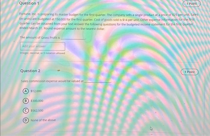  Fortune. Inc is preparing its master budget for the first quarter.