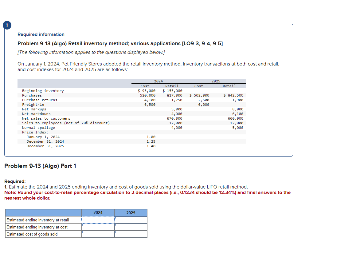  Required information Problem 9-13 (Algo) Retail inventory method; various applications [LO9-3,