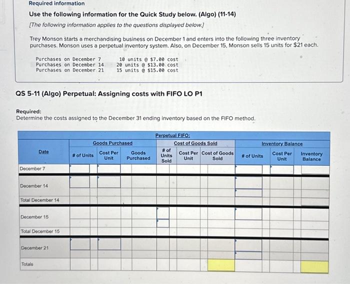  Required information Use the following information for the Quick Study below.