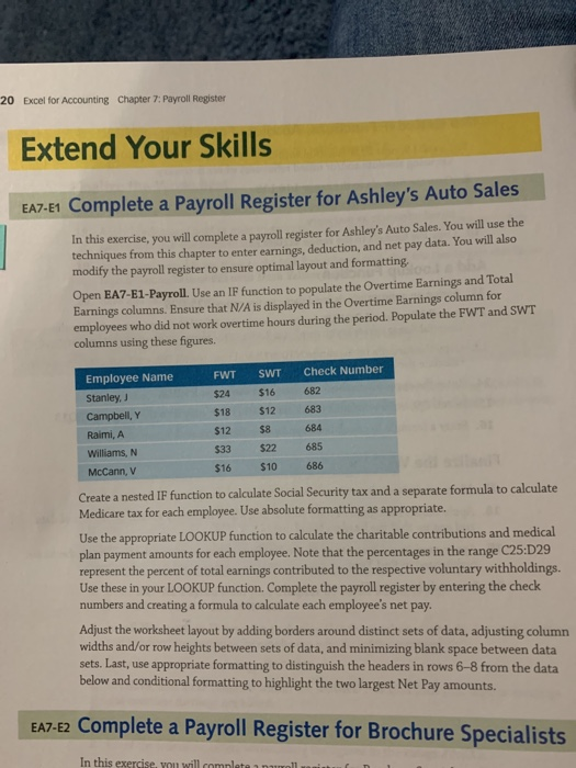  20 Excel for Accounting Chapter 7: Payroll Register Extend Your Skills