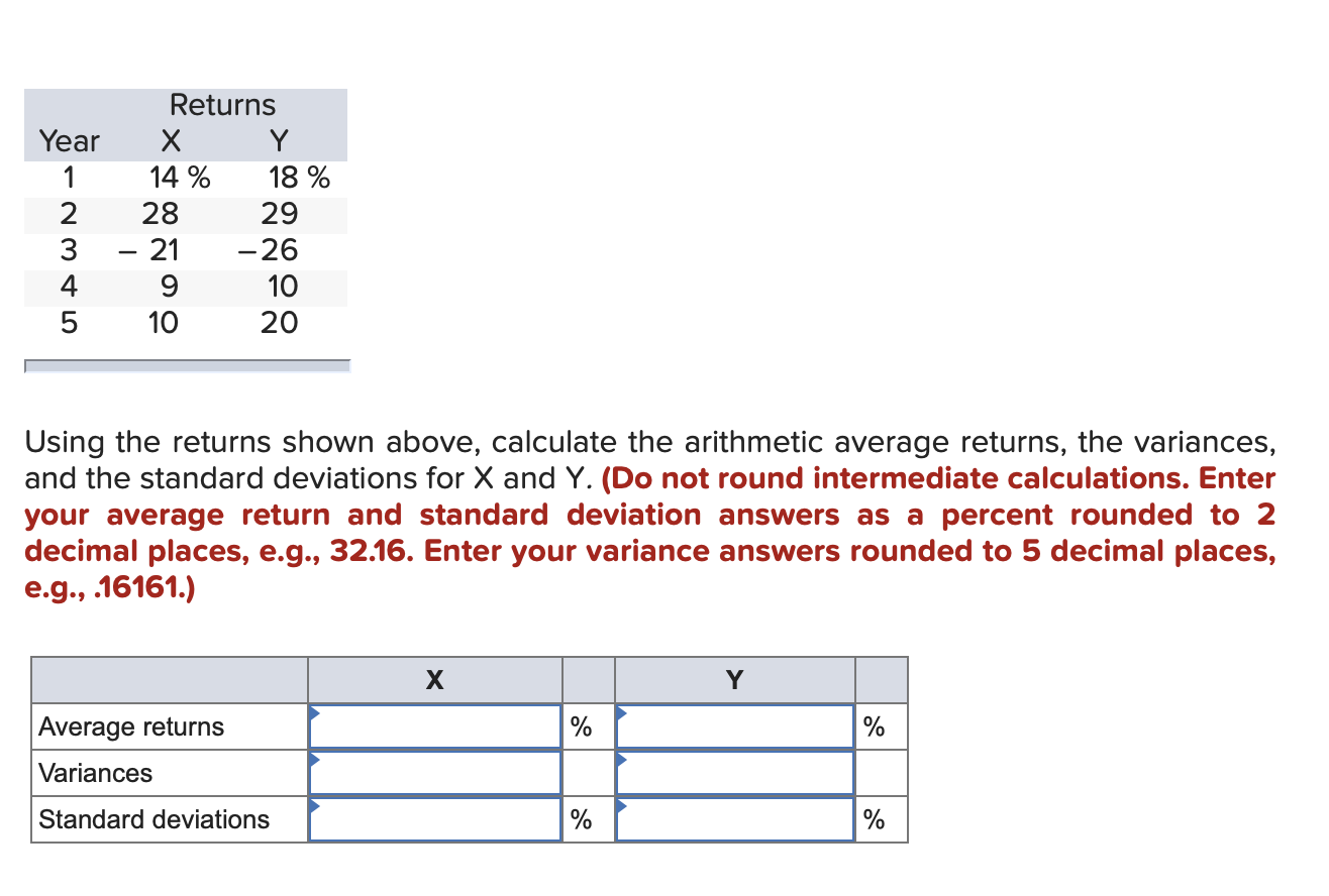  Using the returns shown above, calculate the arithmetic average returns, the