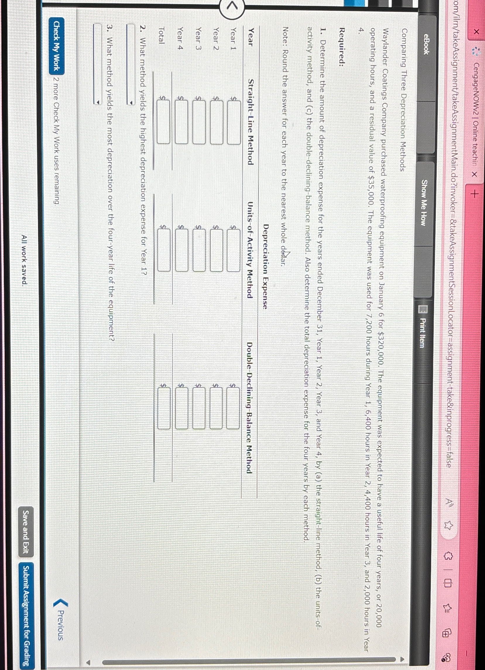  om/ilrn/takeAssignment/takeAssignmentMain.do?invoker=&takeAssignmentSessionLocator=assignment-take&inprogress=false eBook Show Me How Print ltem Comparing Three Depreciation Methods