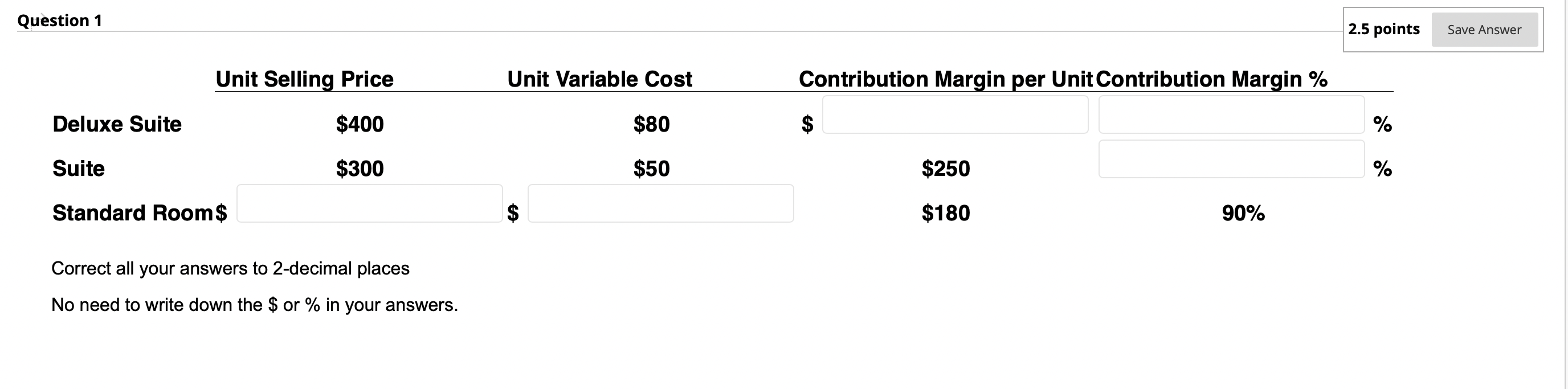 Question 1 2.5 points Save Answer Unit Selling Price Unit Variable
