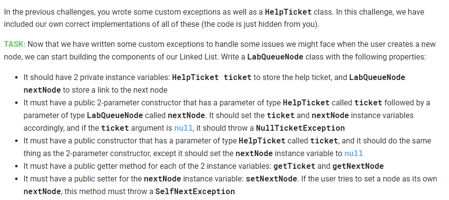 two custom exceptions: InvalidStudentNameException and InvalidDescriptionException. In this challenge, we have included