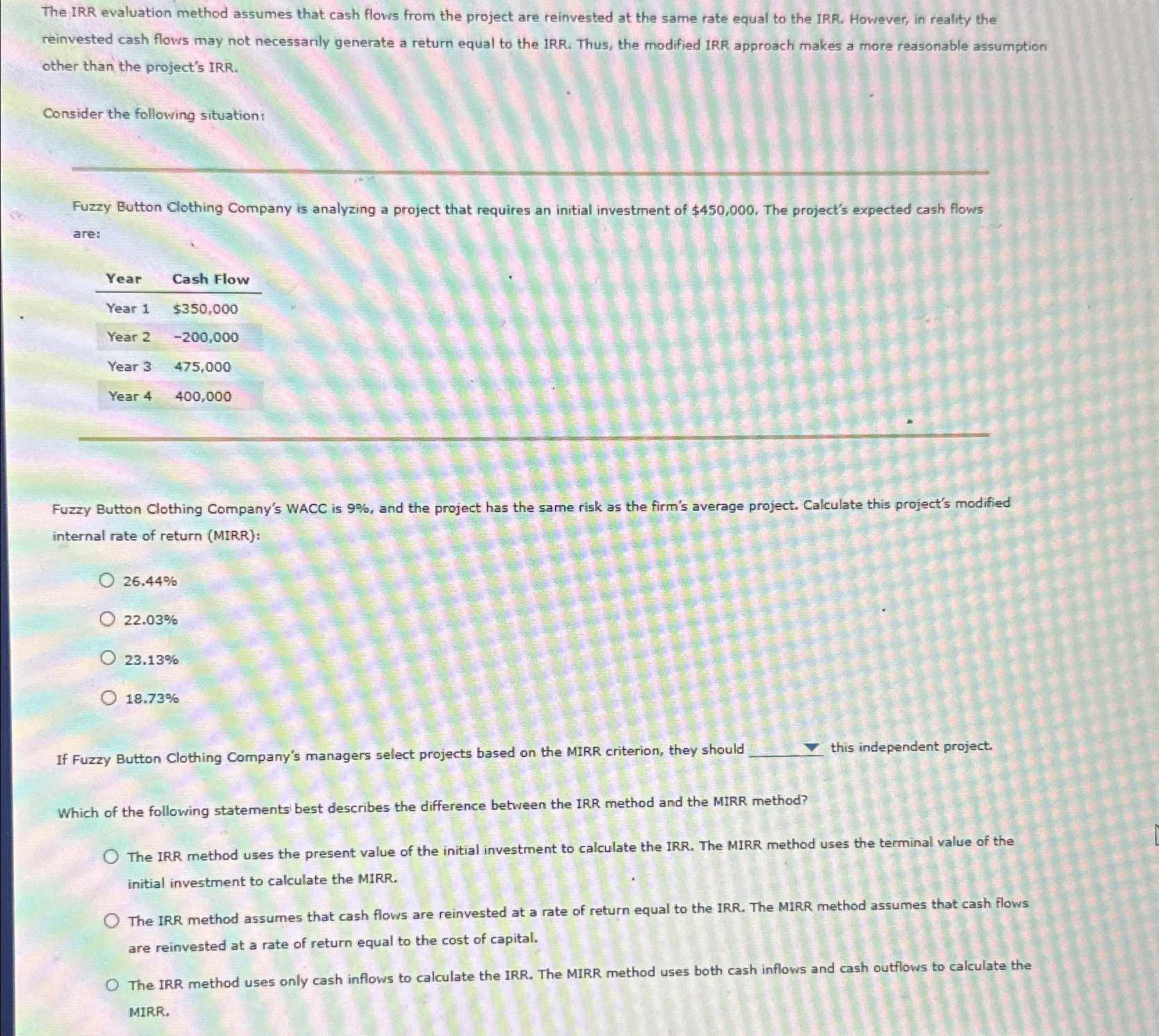  The IRR evaluation method assumes that cash flows from the project
