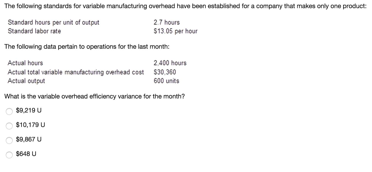 The following standards for variable manufacturing overhead have been established for