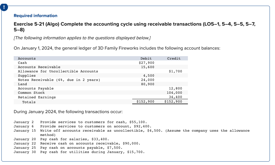  Required information Exercise 5-21 (Algo) Complete the accounting cycle using receivable