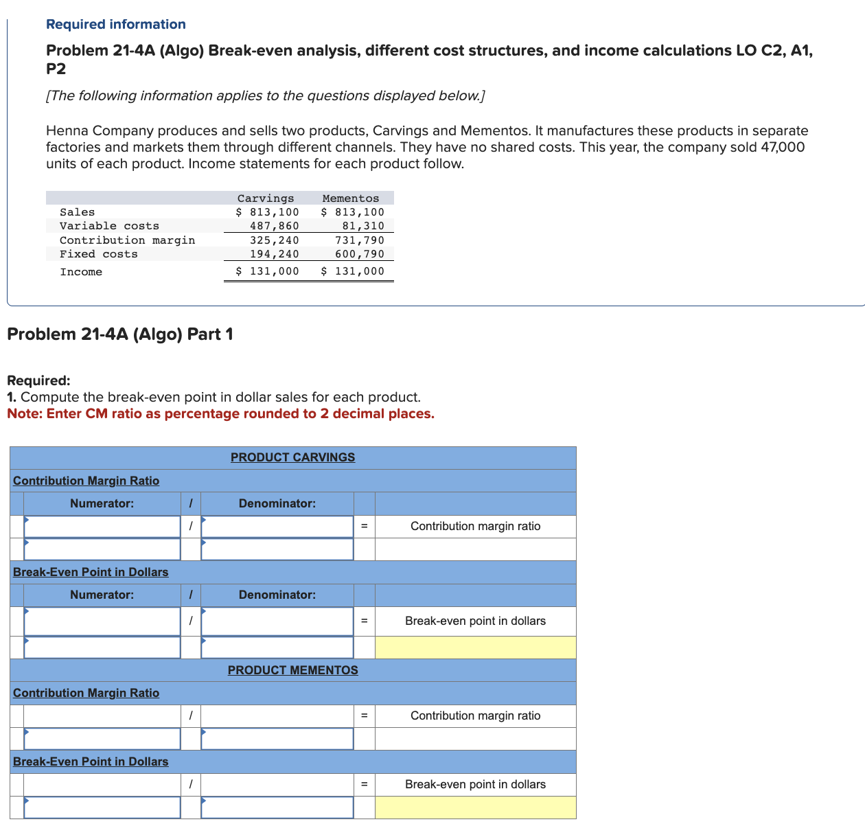 Required information Problem 21-4A (Algo) Break-even analysis, different cost structures, and