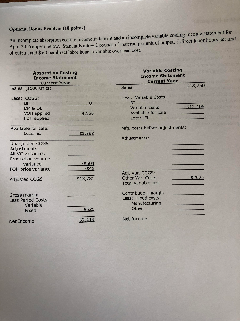  Fill in the incomplete income statement and incomplete variable costing income
