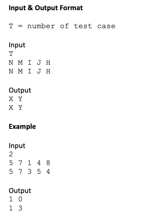 case Input Output Example Input 2 5 7 1 4 8 5