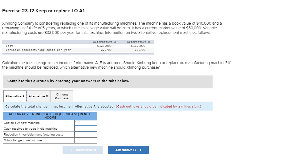  Exercise 23-12 Keep or replace LO A1 Xinhong Company is considering