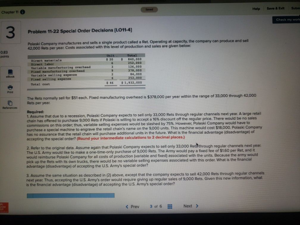 Help Save & Exit Subm Chapter 11 Check my work 3