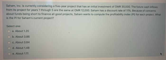  Saham, Inc. is currently considering a five-year project that has an