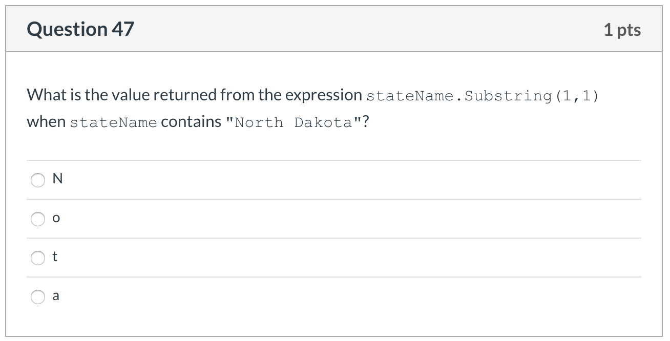 has executed? string strStatement = "Citrus College"; strStatement = strStatement. Substring(0,6); O