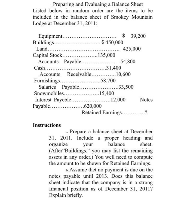  Preparing and Evaluating a Balance Sheet Listed below in random order