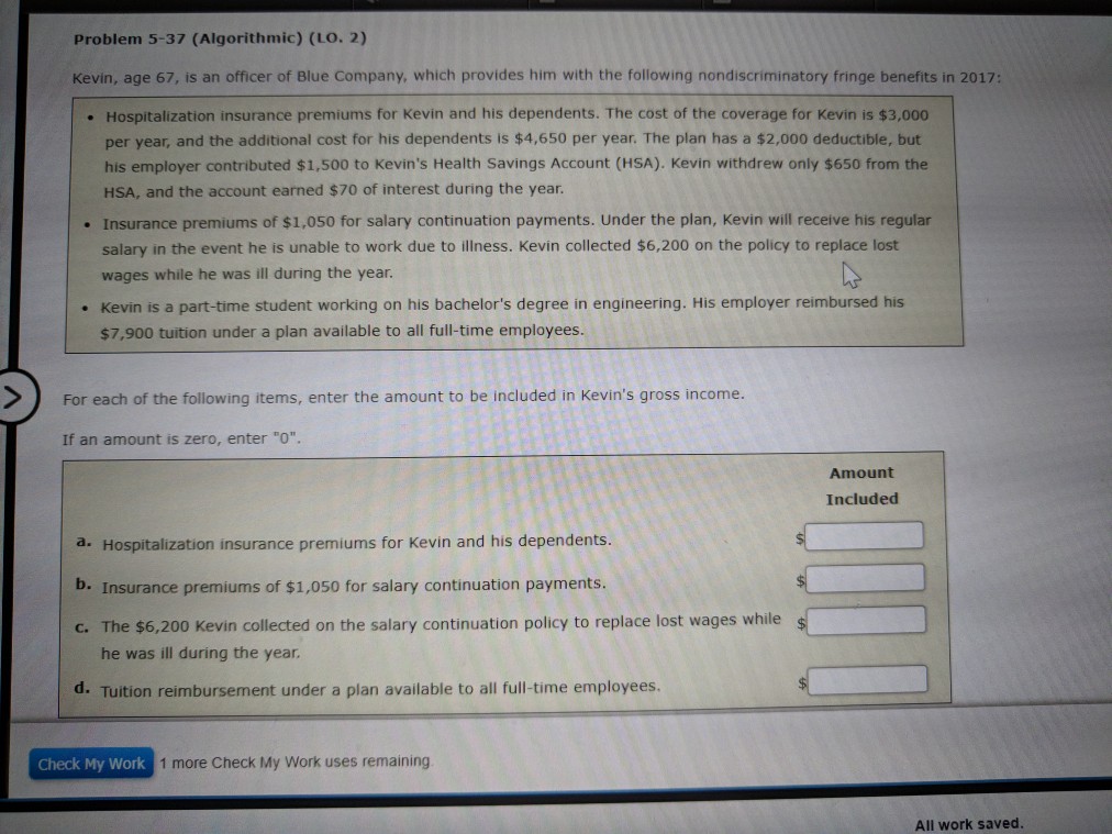 Problem 5-37 (Algorithmic) (LO. 2) Kevin, age 67, is an officer