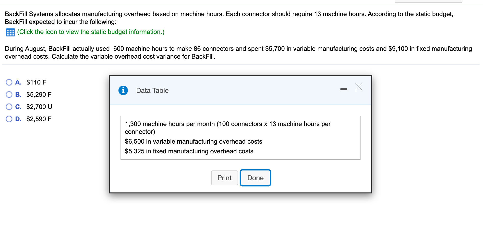  BackFill Systems allocates manufacturing overhead based on machine hours. Each connector