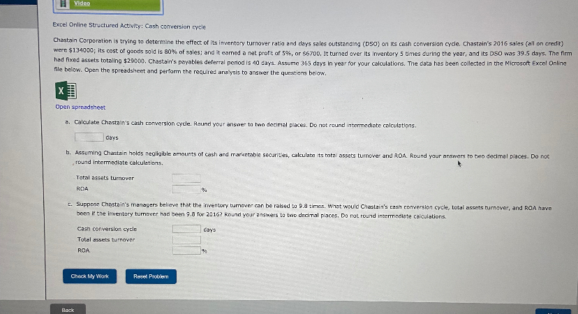  Excel Online Structured Activity: Cash conversian rycle file below. Open the