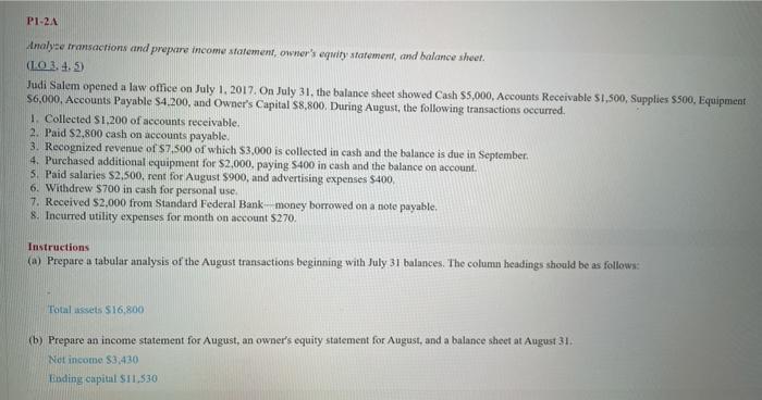  PL-2A Analyse transactions and prepare income statement, owner's equity statement, and