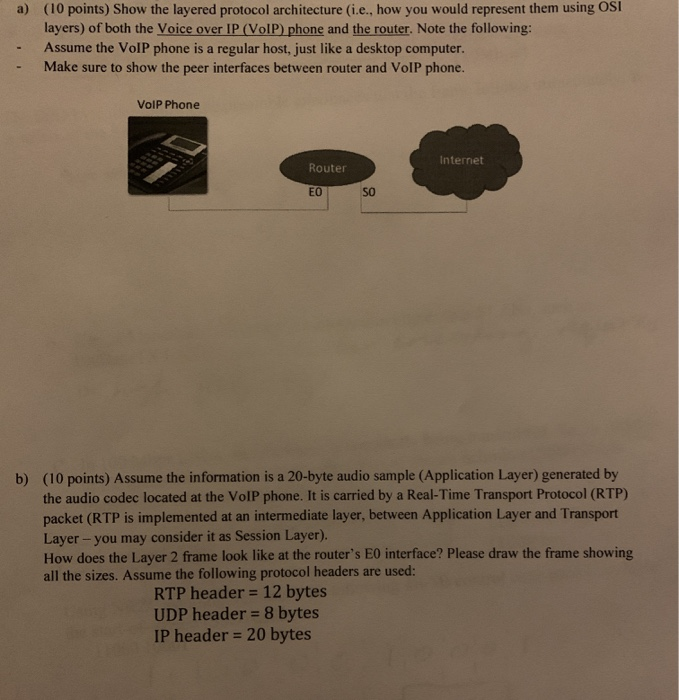  a) (10 points) Show the layered protocol architecture (i.e., how you