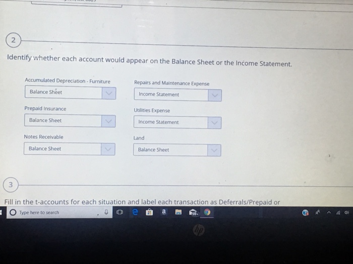  2 Identify whether each account would appear on the Balance Sheet