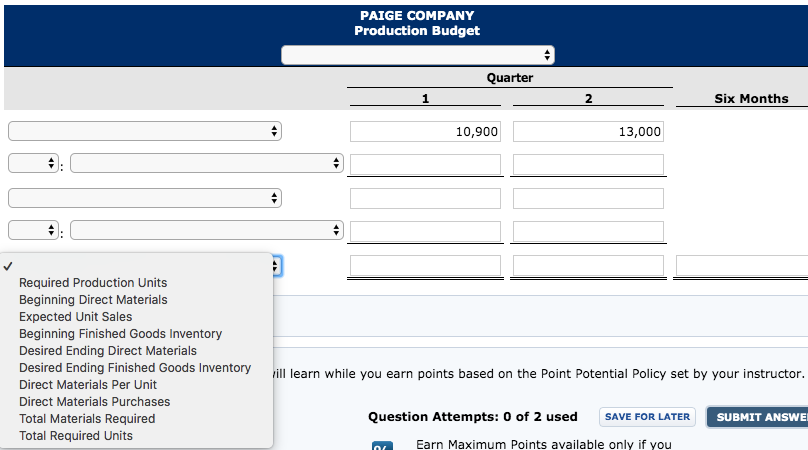 of the next quarters expected unit sales. Prepare a production budget by