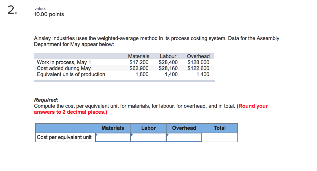  2. value 10.00 points Ainsley Industries uses the weighted-average method in