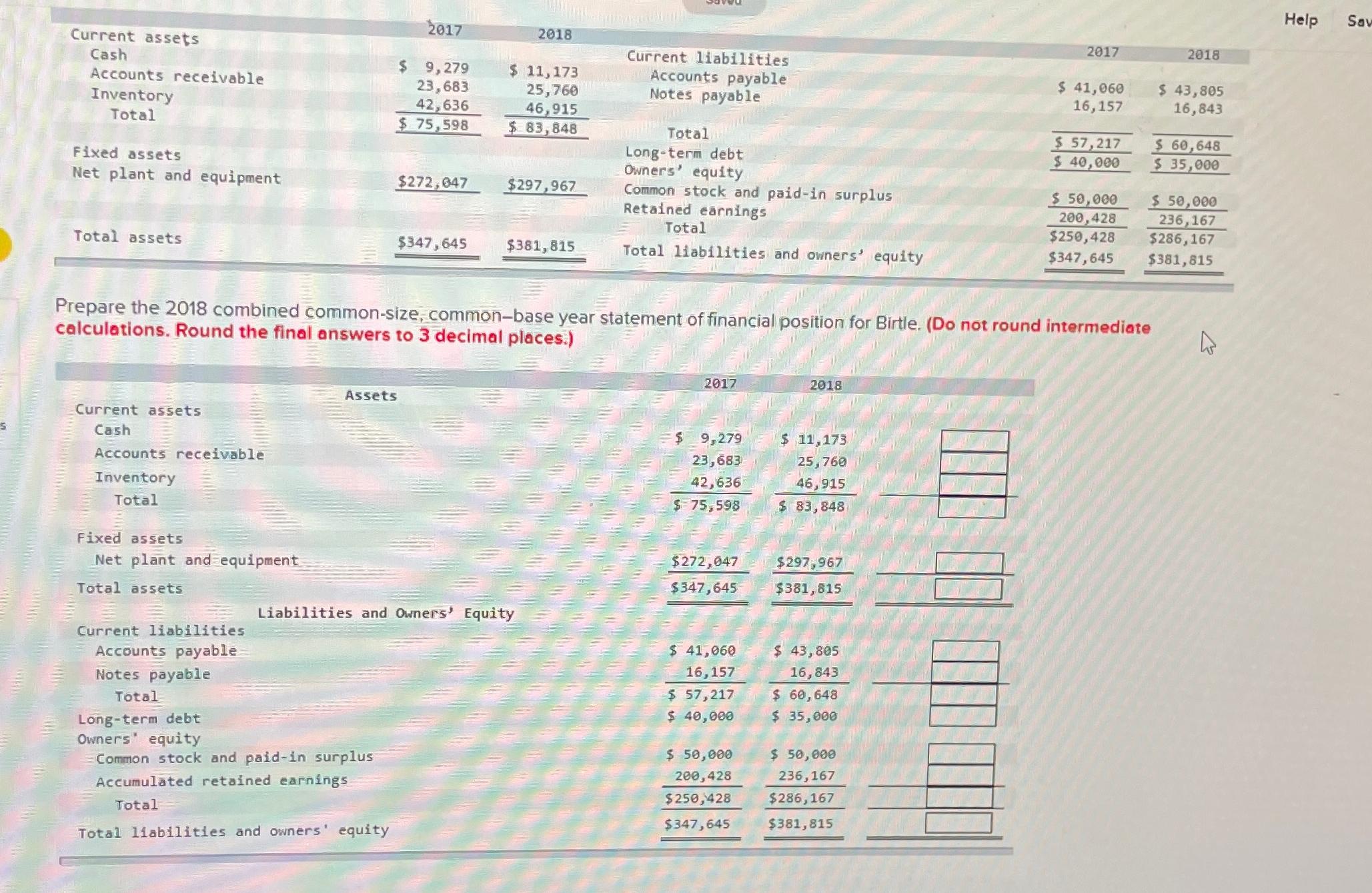  \table[[Current assets,2017,2018,,2017,2018],[\table[[Current assets],[Cash]],,,Current liabilities,,2010],[Accounts receivable,$9,279,$11,173,Accounts payable,$41,060,$43,805 