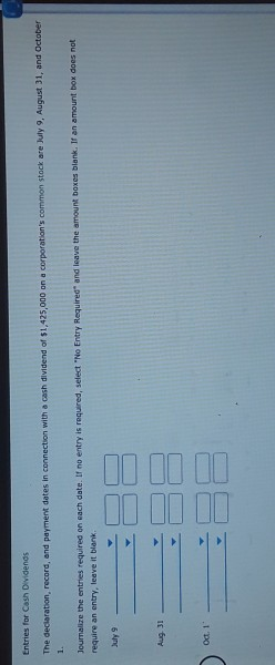  Entries for Cash Dividends The declaration, record, and payment dates in