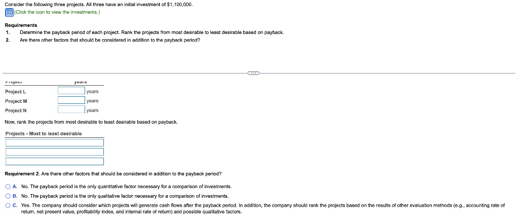 1. Determine the payback period of each project. Rank the projects from