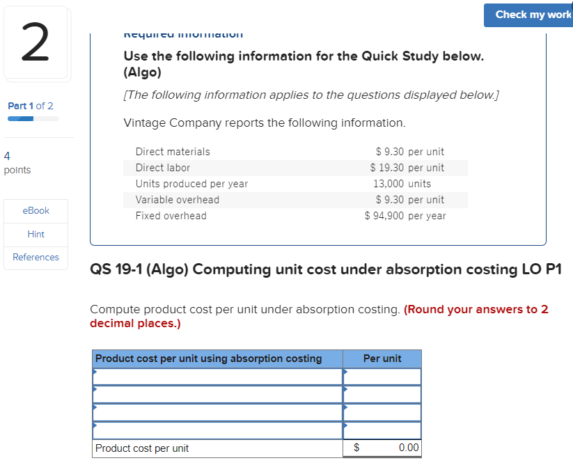 Use the following information for the Quick Study below. (Algo) [The