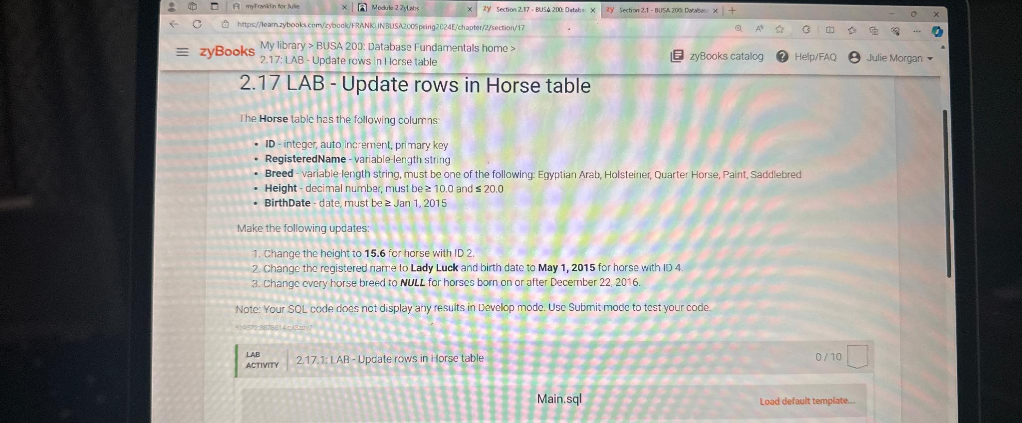  The Horse table has the following columns: ID - integer, auto